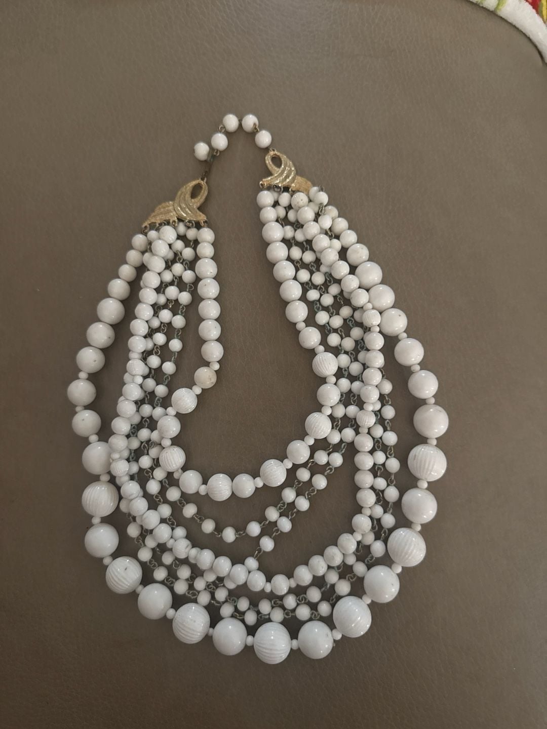 Vintage Multi-Strand White Milk Glass Bead Statement Necklace, 5- 5 Tier Mid-Cen